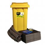 This photograph shows the Beeswift Spillage Control 125L General Purpose Spill Kit in a 2 wheeled bin. The bin is red and appears to be made of durable plastic. The lid is closed and there is a handle on top for easy transportation. The label on the front says Beeswift Spill Kit.