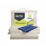 This image shows the Beeswift Spillage Control Fentex Oil Only Spill Kit, featuring a vibrant yellow spill containment bag with the brand logo in bold black letters. A 20L container of absorbent pads and rolls can be seen inside the bag, ready to handle any oil spills.