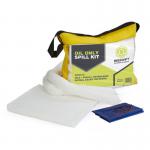 The picture shows a 50-liter vinyl holdall with the label Beeswift Spillage Control Oil Only Spill Kit on it. The kit contains various absorbent materials and equipment for containing oil spills.