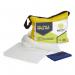 The picture shows a 50-liter vinyl holdall with the label Beeswift Spillage Control Oil Only Spill Kit on it. The kit contains various absorbent materials and equipment for containing oil spills.