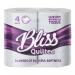 The photograph displays a package of Bliss 3 ply luxury quilted toilet paper and tissues, with 10 packs of 4 rolls each. The packaging is sleek and modern, with soft shades of blue and white. The rolls are adorned with a quilted pattern and the Bliss logo.