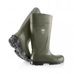 This picture features a pair of bright green Steplite Wellington Boots by Bekina, known for their easy grip and non-safety design. The boots are size 08 and have a unique design on the sole, making them both functional and stylish.