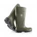 This picture features a pair of bright green Steplite Wellington Boots by Bekina, known for their easy grip and non-safety design. The boots are size 08 and have a unique design on the sole, making them both functional and stylish.