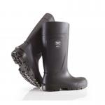 The photograph displays a pair of sleek black Steplite Wellington Boots, size 6 / Eu 39, with full safety features. The boots have a distinctive Easygrip design and are made by Bekina.