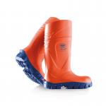 This image shows a pair of Steplite Wellington boots in a bright orange color. The boots feature a non-metallic material and a full safety S5 rating, making them ideal for harsh working conditions. The boots also have a Thermoprotec lining for added warmth and protection. They are a size 9 or EU 43.