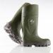 The picture shows a pair of green, non-metallic Steplite Wellington Boots with a full safety rating. The size is 9 / Eu 43 and they are designed by Bekina. These boots are made from Thermoprotec material for ultimate protection.