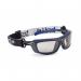 The image shows a pair of Bolle glasses and goggles, specifically the Baxter Platinum CSP model from Bolle Safety. The lenses are clear, with a sleek black frame and adjustable straps. The goggles offer a comfortable and secure fit for protection during various activities.