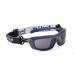 The image features a pair of Bolle glasses and goggles, specifically the Bolle Safety Baxter Platinum Smoke model. The glasses have a sleek, modern design with a smoke-colored lens. The goggles have a comfortable fit with an adjustable strap. Both offer premium protection for the eyes.