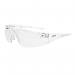 In the picture, a pair of Bolle glasses and goggles can be seen. They are the safety Rush model with clear lenses. The frames are black and the lenses are round and large, providing ample coverage for the eyes. The Bolle logo is visible on the sides of the frames.