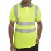 This picture features vibrant yellow high visibility polos with short sleeves from Beeswift, designed for comfortable and durable wear. The shirts have a sleek Saturn finish, and are perfect for any professional or outdoor setting.