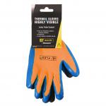 The photo captures a pair of vibrant orange gloves, fully dipped in latex, with the brand name Beeswift B-Safe emblazoned on the cuffs. The gloves have a thermal lining, making them perfect for keeping hands warm and protected in cold weather. The texture of the gloves is visible, showcasing their rugged and durable quality.