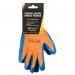 The photo captures a pair of vibrant orange gloves, fully dipped in latex, with the brand name Beeswift B-Safe emblazoned on the cuffs. The gloves have a thermal lining, making them perfect for keeping hands warm and protected in cold weather. The texture of the gloves is visible, showcasing their rugged and durable quality.