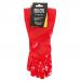 The image shows a pair of bright red Beeswift B-Safe PVC gauntlet gloves, 16 inches in length, designed specifically for trade use. These gloves are durable and protective, ideal for various tasks in different work environments.