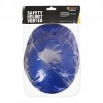 The photo shows a vibrant blue Beeswift B-Safe vented safety helmet, featuring the Beeswift logo prominently on the front. The helmet is equipped with a sturdy chin strap and multiple ventilation holes for maximum comfort and protection.