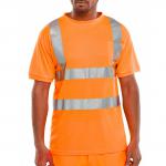 This picture features a bright orange Beeswift crew neck t-shirt. Made with high visibility material, this size Large shirt is perfect for staying visible in low light conditions.