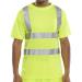 The image shows a bright yellow Beeswift crew neck t-shirt with high visibility clothing, featuring the Saturn logo. The t-shirt is a size XL and is part of the BSCNT collection. The fabric has a smooth, soft texture and the fit is comfortable and flattering.