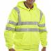 This photograph showcases a range of Beeswift high visibility sweatshirts, including a zip-up hooded sweatshirt in Saturn Yellow. The bright color and reflective material ensures visibility and safety for the wearer. Sizes range from small to ensure a perfect fit.