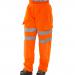 This photo features a pair of Beeswift High Visibility Jogging Bottoms in vibrant orange. Made with durable materials, these jogging bottoms have a comfortable fit and are designed for maximum visibility, making them ideal for outdoor activities.