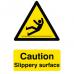 The image shows a Spectrum Industrial Caution Signs Beeswift B-Safe Caution Slippery Surface Sign (BSS1108). The sign has a bright yellow background with bold black text and a pictogram of someone slipping. The words CAUTION and SLIPPERY SURFACE are prominently displayed. The sign appears durable and suitable for indoor or outdoor use.