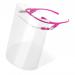 This photograph shows a set of Beeswift face visors and full masks, with a pink visor frame included, along with 10 visors. The visors are clear and cover the entire face, providing protection from particles and debris. The frame is sturdy and adjustable for a comfortable fit.