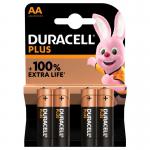 The photo shows a pack of four Duracell Plus AA batteries. The batteries have a sleek black design with the Duracell logo prominently displayed. The pack is sealed and the batteries are neatly stacked on top of each other. The packaging also includes a clear window to showcase the batteries inside.