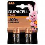 The picture shows the packaging of Duracells Plus AA batteries and a pack of 4 AAA batteries. The AA batteries are in a dark blue package while the AAA batteries are in a light blue package. The Duracell logo is prominently displayed on both packages. The batteries are shown in their standard cylinder shape with a metallic top and bottom. The overall packaging is simple and professional, with white and blue colors dominating the design.