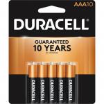 The photo shows a pack of Duracell Plus AAA batteries, containing 10 batteries in total. The batteries are cylindrical in shape and have a shiny black exterior with the Duracell logo printed in white. The packaging is labeled with the brand name and battery type in bold letters. The pack is on a white background, highlighting the vibrant colors of the batteries.