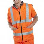 This image shows two high visibility bodywarmers from Beeswift. One is orange and the other is grey, both with the Beeswift logo on the chest. They are reversible and an XL size, with a zipper closure and pockets on both sides.