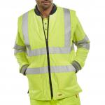 This picture features a bright yellow and navy reversible bodywarmer from Beeswift. It is made of high visibility material and is a size 6XL. The design is practical and stylish.
