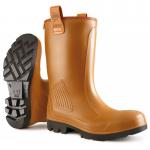 The photo shows a pair of Purofort Safety Boots by Dunlop, specifically the Purofort Rigair model. These boots are unlined and come in a tan color. They are a full safety rigger boot and are size 13.