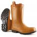 The photo shows a pair of Purofort Safety Boots by Dunlop, specifically the Purofort Rigair model. These boots are unlined and come in a tan color. They are a full safety rigger boot and are size 13.