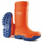 A vibrant orange color contrasts against the dark background in this photograph of Purofort Wellington Boots. The sturdy rubber material and high-top design provide optimal protection and warmth. The Dunlop Purofort Thermo+ brand logo is displayed prominently on the side of the boot.