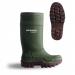 The photograph shows a pair of green Purofort Wellington Boots from Dunlop. These boots have a Thermo+ feature and are designed for full safety. The iconic Purofort material is visible, providing warmth and protection in all conditions. Perfect for any outdoor work or activity.