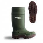 A pair of sturdy green Wellington boots with a full safety design. Made from Purofort Thermo+ material, these Dunlop boots are perfect for tough outdoor work. Size 13.