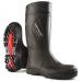 The picture shows a pair of sturdy black Purofort Wellington Boots by Dunlop. They have a full safety design and a size of 08. The boots offer protection and durability for all types of outdoor work or activities.