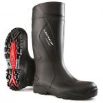 A photograph of Purofort Wellington Boots Dunlop Purofort+ Full Safety Wellington Black size 13 showcases a durable and sturdy pair of boots. The sleek black design, featuring the iconic Dunlop logo, is made from Purofort material and offers complete safety for any work environment.