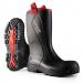 The photo shows a pair of black Purofort Safety Boots by Dunlop, specifically the Purofort+Rugged Full Safety Rigger Boot model. They are size 07 and have the code C76204307.