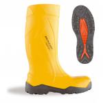 The photo shows a pair of bright yellow Purofort Wellington boots with the brand name Dunlop printed on the side. These sturdy and durable boots have full safety features and the number 12 printed on the front. The Purofort material adds extra protection and insulation, making these boots ideal for any outdoor work or activity.