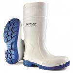 A pair of Purofort Wellington boots by Dunlop, in a clean white color and a size 10.5. The boots feature the trademark Purofort material and a secure Multigrip sole for added safety. They are ideal for various outdoor activities and offer lasting comfort and protection.