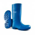 This image features a pair of Purofort Wellington boots from Dunlop in their signature blue color. Made with the safety and durability of Purofort material, these boots are designed with a multigrip outsole for traction and grip in various work environments.