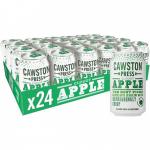 A collection of 24 x 330ml cans of Cawston Press apple soft drinks, neatly stacked and ready to be enjoyed. The iconic Cawston Press branding is prominently featured on the vibrant green packaging.