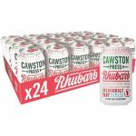 This image features a case of 24 330ml cans of Cawston Press Rhubarb soft drinks from Cawston Press. The cans are neatly stacked, with the iconic Cawston Press branding prominently displayed on a white background. The bright pink color of the cans stands out against the crisp white background. The image exudes a refreshing and vibrant vibe.