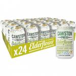 This photograph shows a case of Cawston Press Soft Drinks featuring their Elderflower flavor. The 24 cans, each 330ml in size, are neatly arranged and ready to be enjoyed. The design on the cans is simple yet eye-catching, with a vibrant image of elderflower petals.