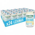Cawston Press Cloudy Lemonade cans are neatly stacked in a box, showcasing the vibrant yellow and green packaging. The refreshing drink features a cloudy appearance, with slices of real lemon and a tall glass filled with ice on the label, promising a tart and invigorating taste. Perfect for a hot summer day or as a light, crisp beverage option.
