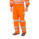 These orange trousers are designed specifically for protection against arc flashes. They feature a high visibility orange color and are compliant with safety regulations. The durable material and fit provide both safety and comfort for the wearer.