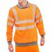 This photograph features Beeswift High Visibility Sweatshirts in an eye-catching orange color, specifically the Arc Flash GO-RT Sweatshirt in size small, with the product name CARC56ORS visible on the label. The sweatshirt has reflective details and is designed for safety in hazardous work environments.