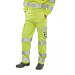 The image shows a pair of bright yellow Beeswift ARC flash trousers with reflective stripes, designed for high visibility. They are size 48 and have the Beeswift logo on the front pocket. These trousers provide protection against potential electrical hazards.