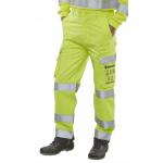 The picture shows a pair of high-visibility trousers in a combination of yellow and navy. They are designed for protection against ARC flashes and have the brand name Beeswift printed on them. The trousers have a saturn design and are labeled as 30T in size.