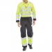 Two-piece Beeswift high visibility coveralls, in a striking combination of bright Saturn yellow and navy. Made with durable materials and designed for maximum comfort and safety. Features include a full front zip, multiple pockets, and reflective strips for enhanced visibility in low light conditions.