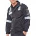 A photograph of Beeswift High Visibility Jackets Beeswift Arc Woven Jacket in Navy Blue showcases a sleek and sturdy jacket with reflective strips for added visibility. The jacket appears to be lightweight and comfortable, with a stylish navy blue color.